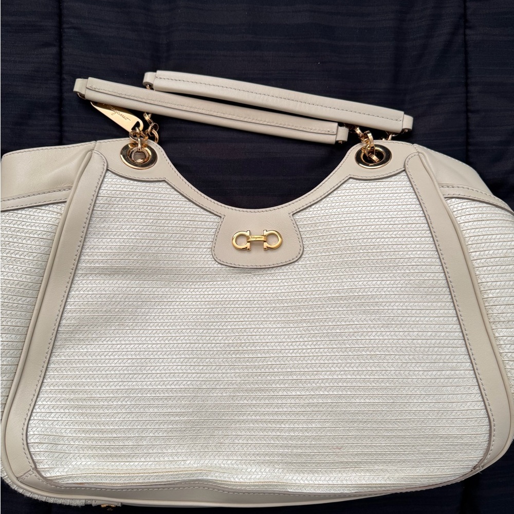 Salvatore Ferrgamo Chic Cream Shoulder Bag with Gold Accents